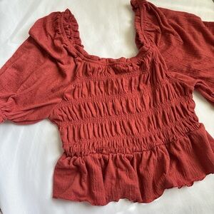 Smocked Peplum Square-Neck Top - Rust
